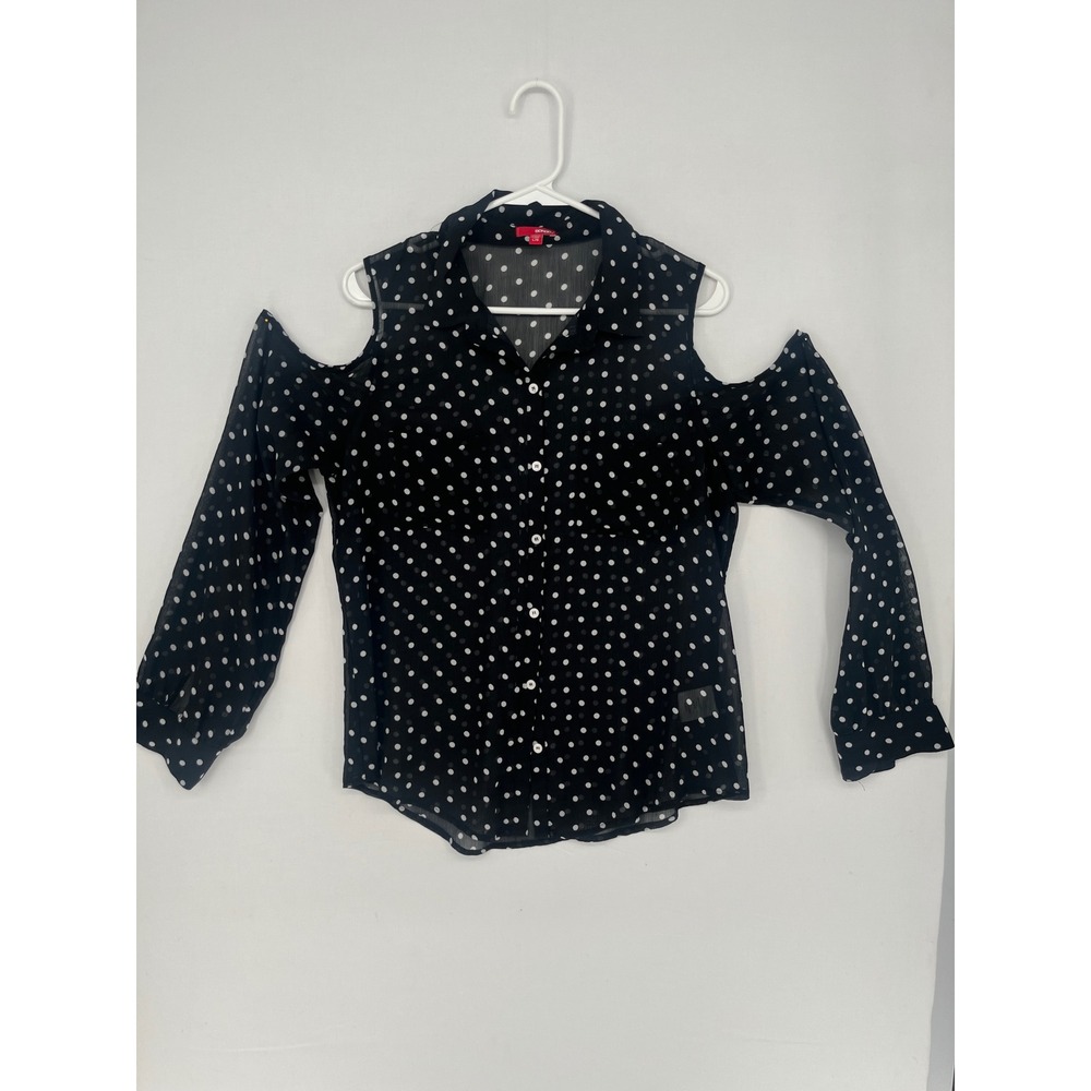 Bongo Cold Shoulder Polka Dot Blouse Black White Sheer Button Down Top Large